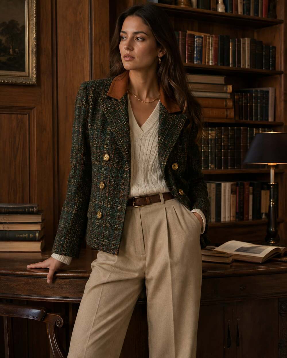 Vintage Sunshine Starshine Green Plaid Tweed Blazer Suede Collar Academia Size 1 - Picture 1 of 6